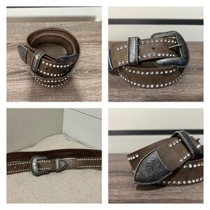 Women's Genuine Brown Leather Belt Western Embellished  Rhinestone Studded SZ S